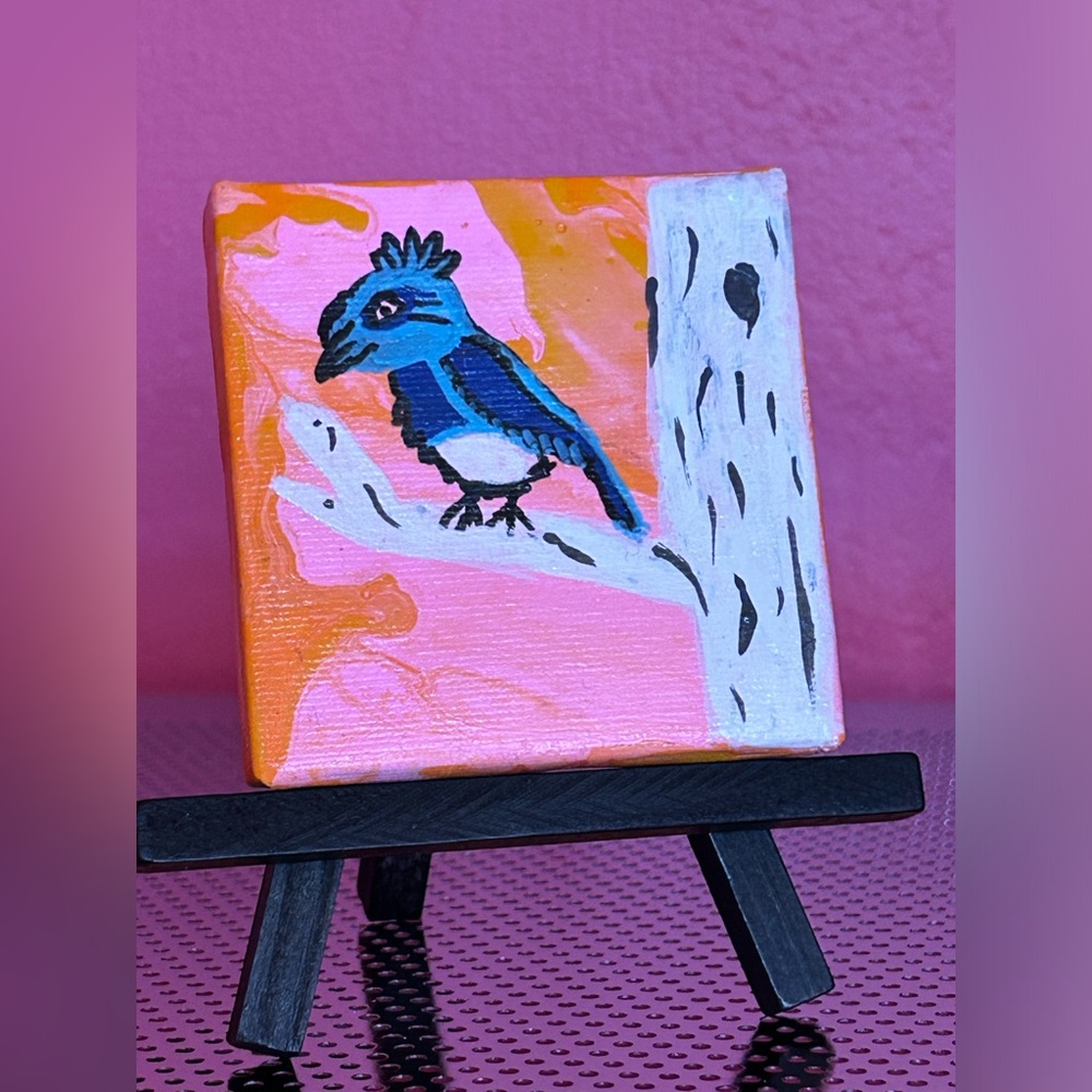 Colorful Whimsical Bird & Birch Tree Original Painting w/ Easel